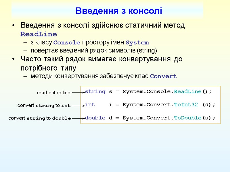 Введення з консолі здійснює статичний метод ReadLine з класу Console простору імен System повертає
